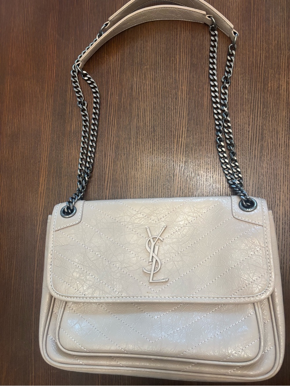 Beige Quilted Leather Shoulder Bag with designer inspired Logo silver chain